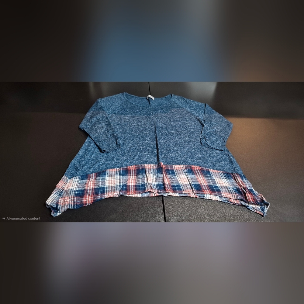 Angels Forever Young Blue Marl Tunic Top Plaid Hem Mixed Media Plus Size